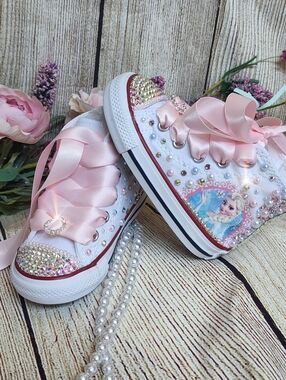 New In Box Custom Converse All-Star Infant 5 Bling High-Top Sneakers Elsa Frozen